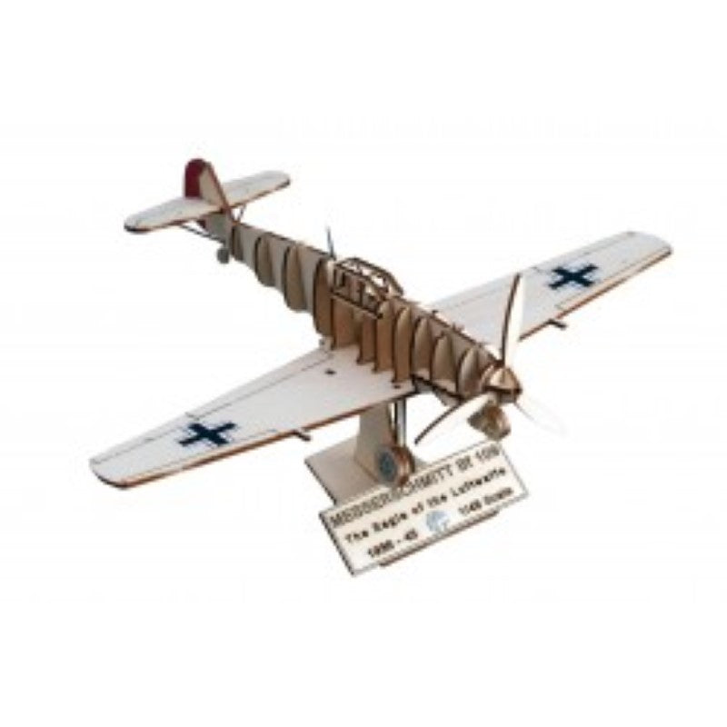 Wooden model kit of the iconic Messerschmitt Bf.109 aircraft, made from high-quality laser-cut wood for easy assembly.