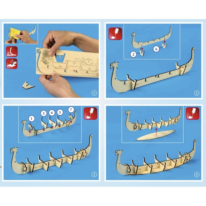 Wooden Viking ship model kit with laser-cut parts, paints, and sails for kids aged 8+, promoting creativity and bonding.