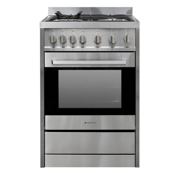Alt text: "Stylish Parmco 600mm gas oven in stainless steel with 70L capacity, featuring four cooking functions and triple glazed door."
