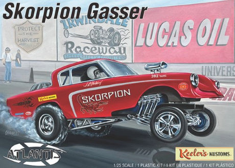 1/25 scale model of a '53 Studebaker Gasser kit, featuring a blown Chrysler V-8 engine and vibrant red/chrome detailing.