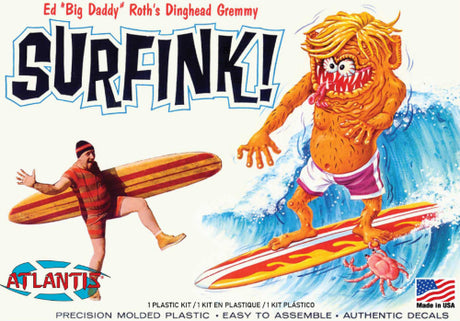 Detailed plastic model kit of Ed 'Big Daddy' Roth's Surfink, featuring movable parts and a seascape base, 7 inches tall.