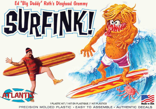 Detailed plastic model kit of Ed 'Big Daddy' Roth's Surfink, featuring movable parts and a seascape base, 7 inches tall.