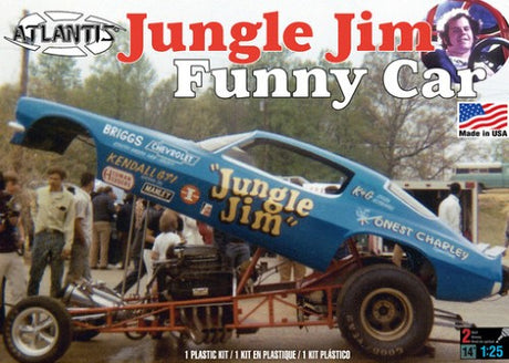 Detailed model kit of the 1/25 Jungle Jim Camaro Funny Car, featuring two engine options and authentic decals.