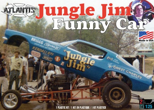 Detailed model kit of the 1/25 Jungle Jim Camaro Funny Car, featuring two engine options and authentic decals.