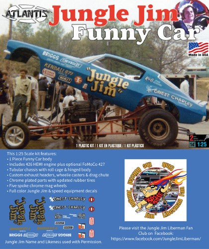 Detailed 1/25 scale Jungle Jim Camaro Funny Car kit with two engine options, chrome parts, and hinged body for customization.