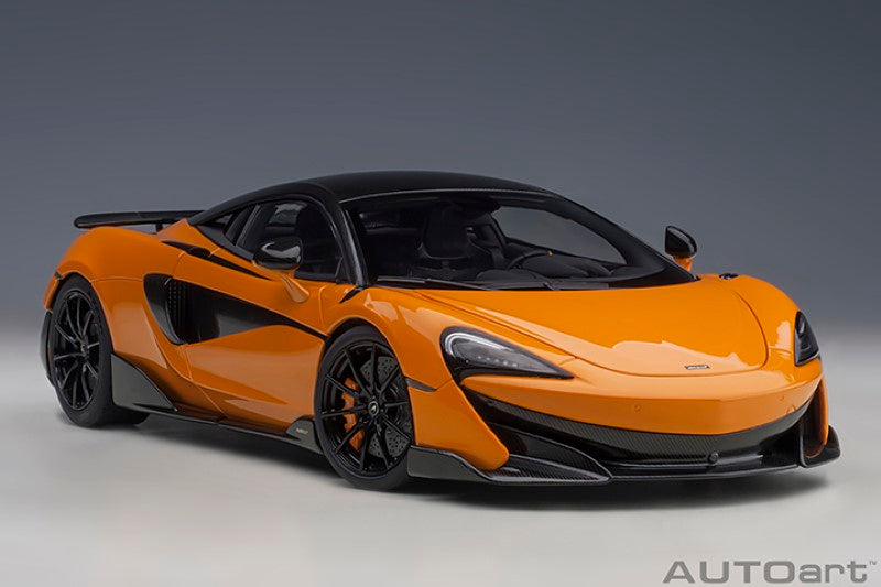 1/18 scale diecast model of McLaren 600LT in Myan Orange, featuring detailed interior, engine, and functional parts by AUTOart.