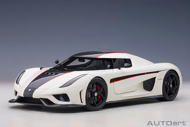 1/18 scale diecast model of a Koenigsegg Regera in white with black carbon accents and red details, ideal for collectors.