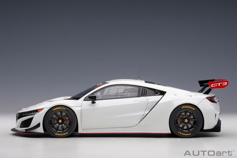 1/18 scale diecast model of the white 2018 Honda NSX GT3, featuring intricate details and aerodynamic design for collectors.