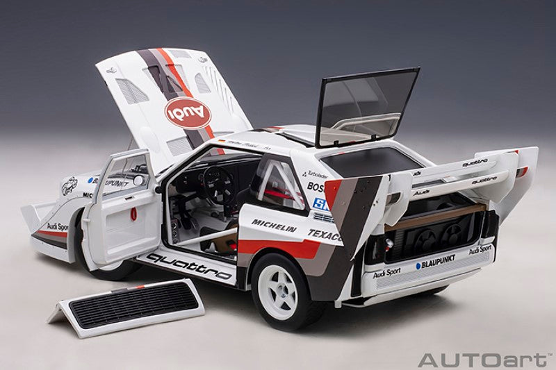 Diecast model of the 1987 Audi Quattro S1 PP #1, showcasing vibrant colors and authentic details from the Pikes Peak race.