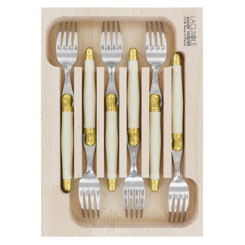 Elegant Verdier Fork Set with ivory handles and brass bolsters, featuring durable stainless steel blades, perfect for fine dining.