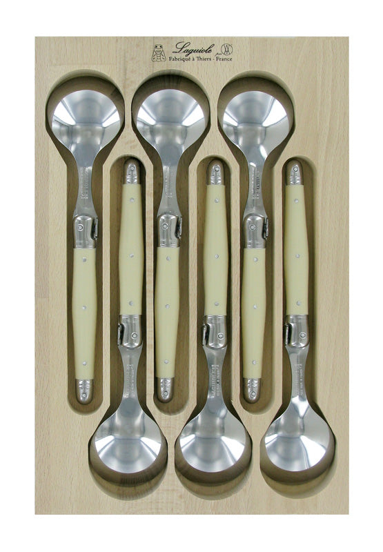 Elegant set of 6 ivory soup spoons with stainless steel and resin handles, featuring the iconic Laguiole Bee emblem.