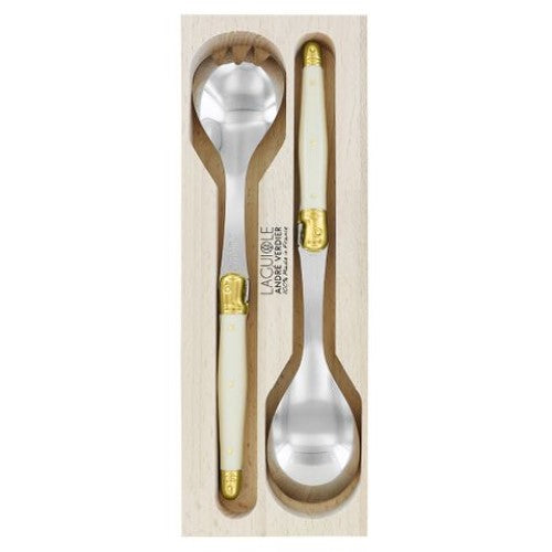 Elegant Verdier Salad Set in Ivory/Brass with stainless steel blades and comfortable resin handles, presented in a wooden gift tray.