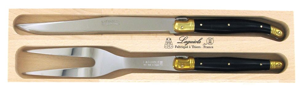 Exquisite Verdier Carving Set Brass featuring stainless steel blades, resin handles, and elegant brass bolsters in a wooden gift tray.