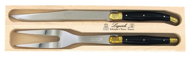 Exquisite Verdier Carving Set Brass featuring stainless steel blades, resin handles, and elegant brass bolsters in a wooden gift tray.