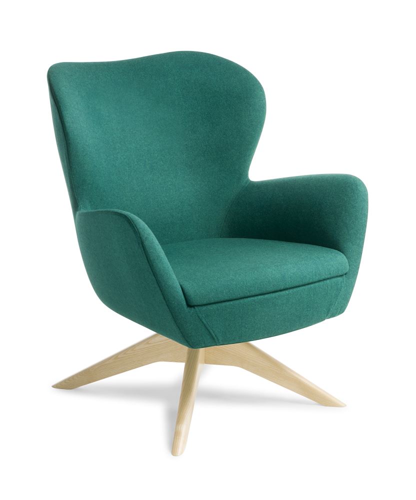 Abbey Armchair with Natural Beech Swivel Base, featuring retro styling, moulded foam for comfort, and elegant tailored upholstery.