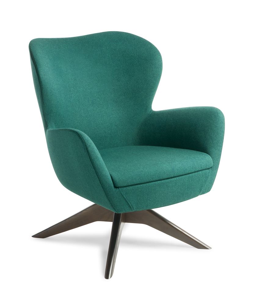 Abbey Armchair with dark walnut swivel base, featuring plush upholstery and retro design for stylish comfort in any space.