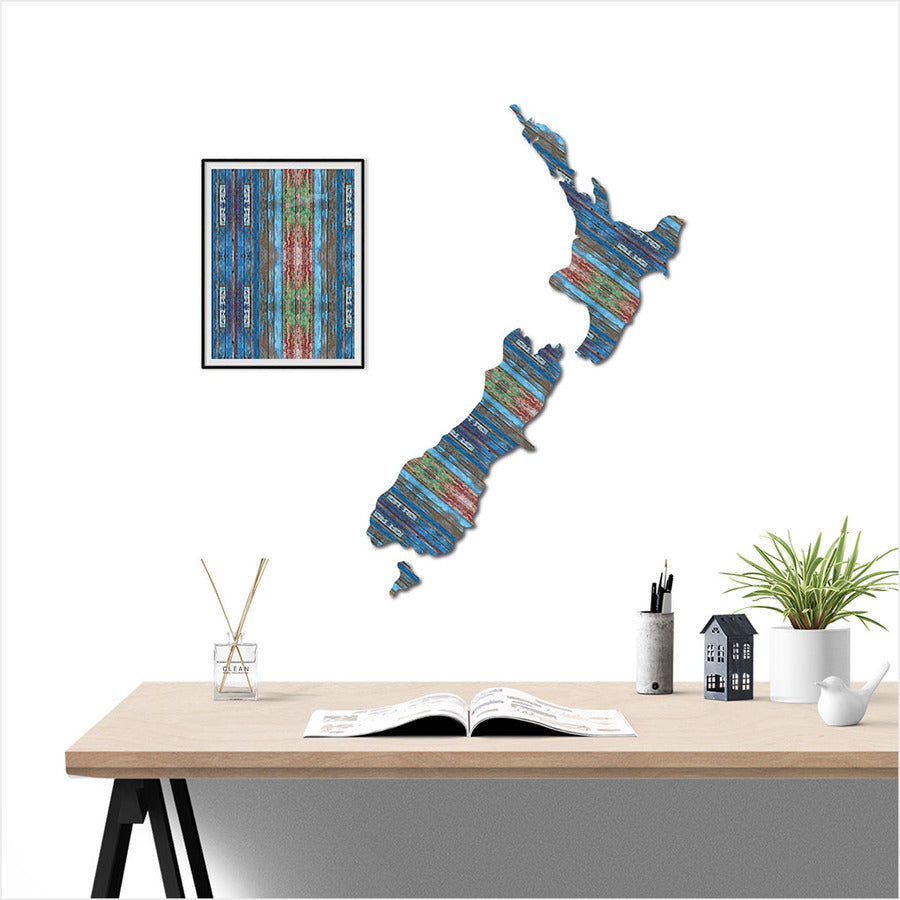 NZ Map wall art in aged timber pattern, crafted from durable ACM, perfect for indoor or covered outdoor display.