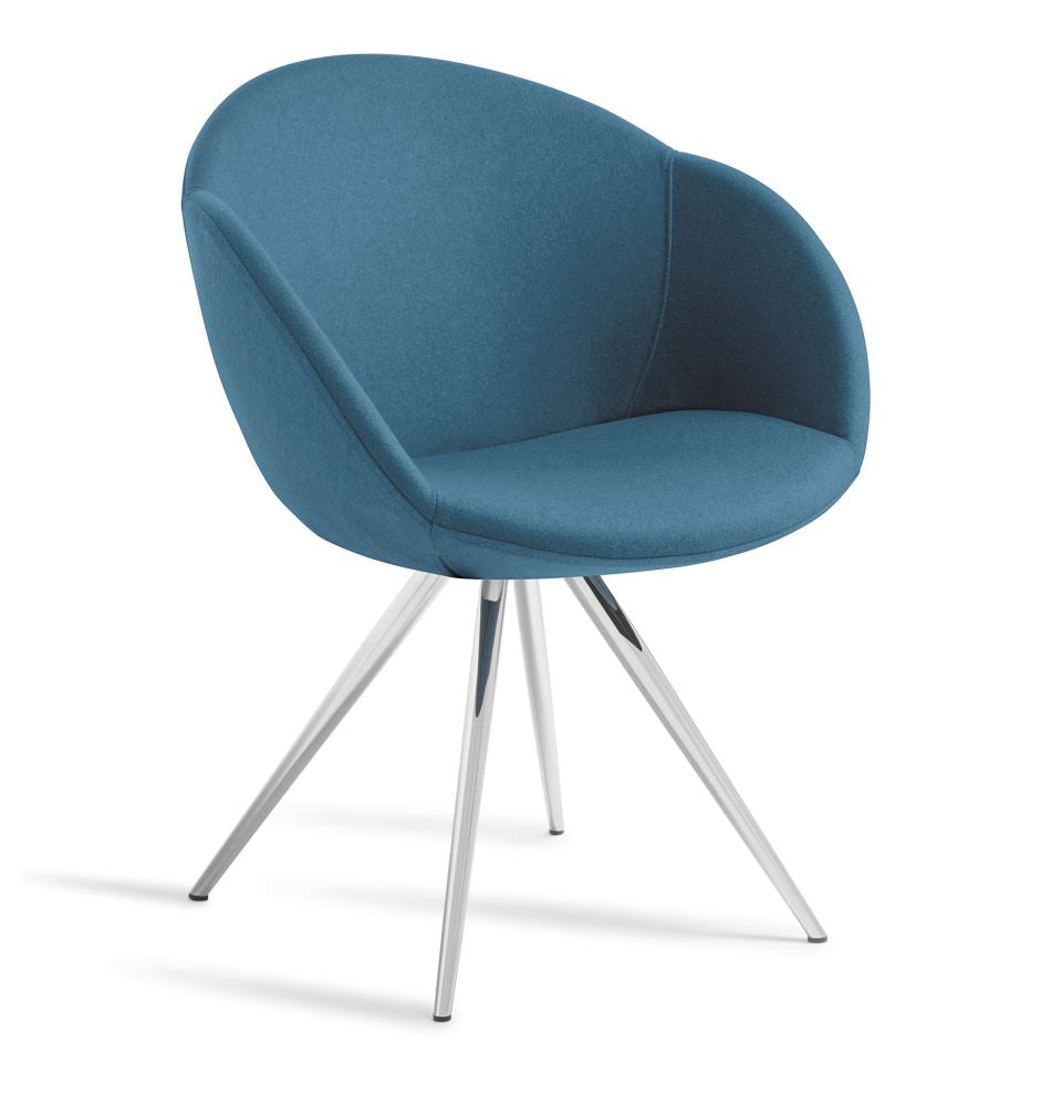 Vibrant Dolly Peacock armchair with chrome stork base, offering modern design and exceptional comfort for any space.