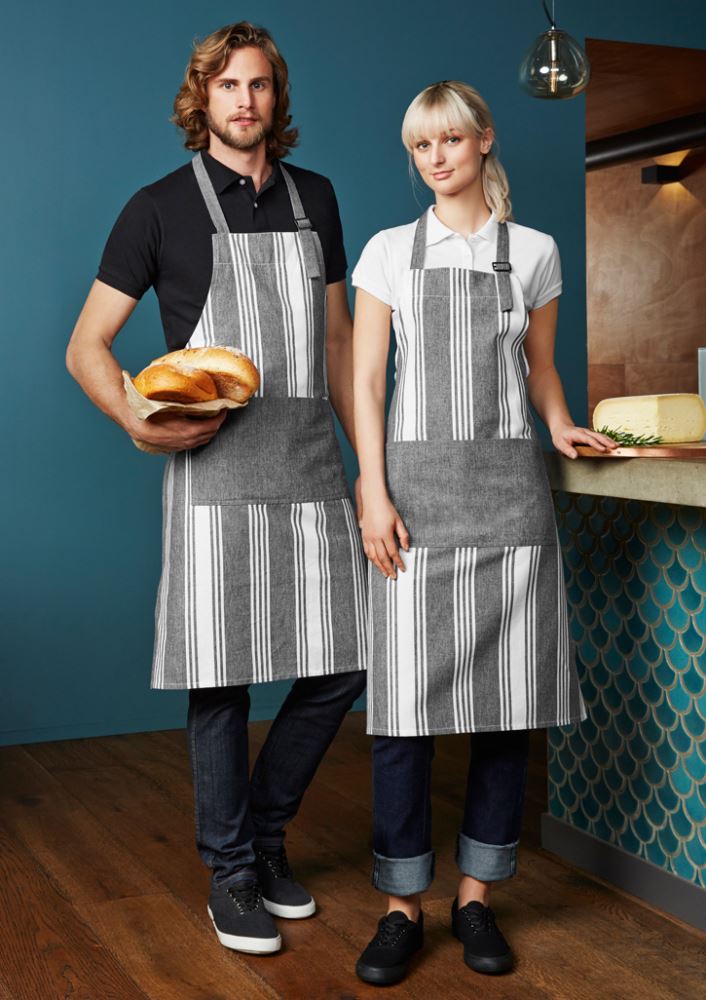 Unisex charcoal and white bib apron featuring chambray stripe, front pocket, adjustable straps, and scalloped back for warmth.