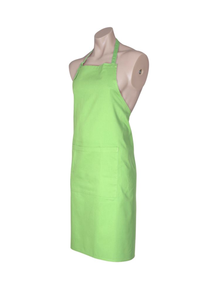 Bright lime bib apron with adjustable neck strap, towel loop, and large front pocket, ideal for chefs and artisans.