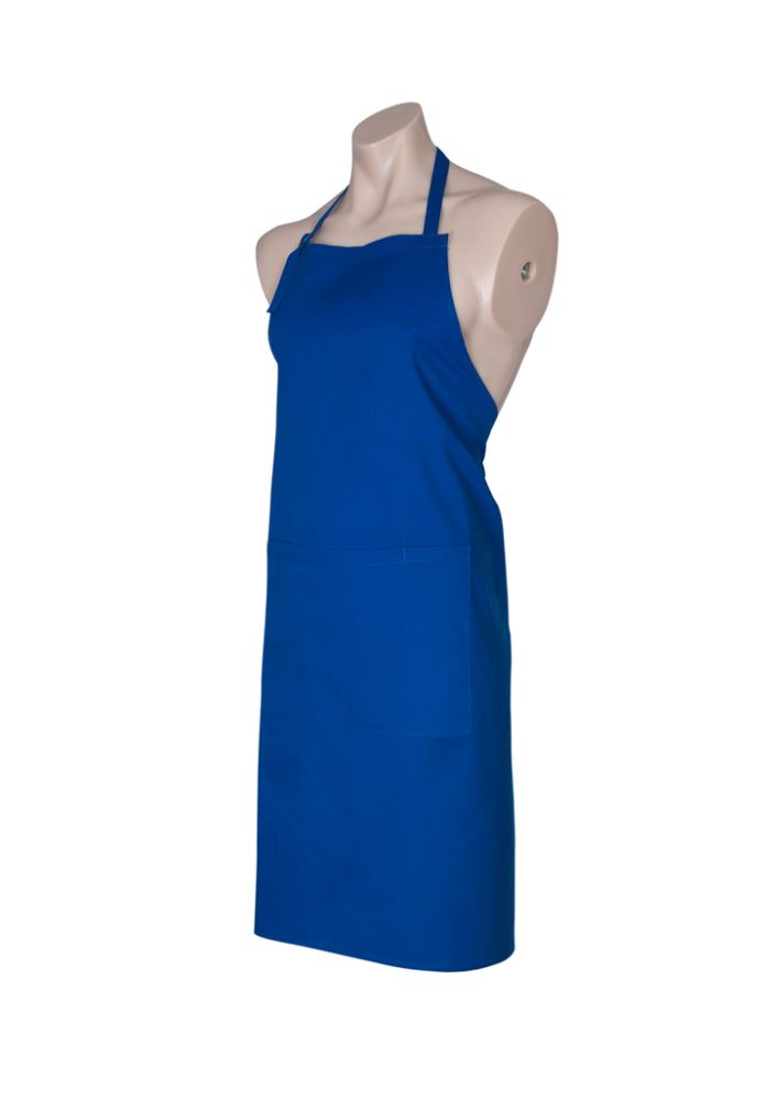 Royal bib apron with adjustable halter strap, towel loop, and large pocket; perfect for chefs and home cooks.