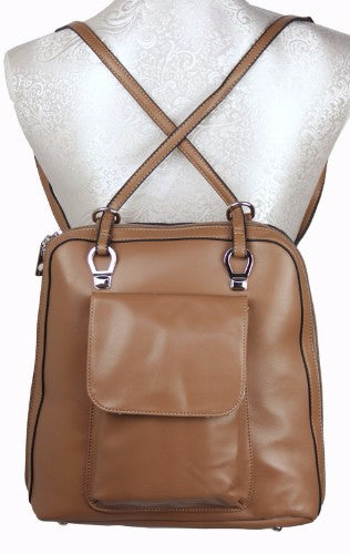 Chic mocha backpack with YKK zippers, spacious design for laptops and essentials, perfect for style and functionality.