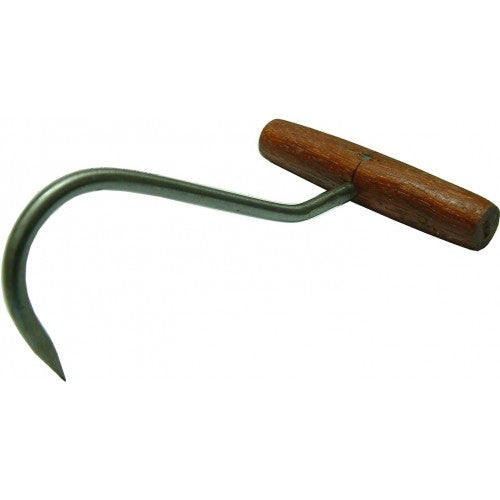 Heavy-duty bale hook with Tawa wood handle and bright steel shaft, designed for efficient lifting and handling of bales.