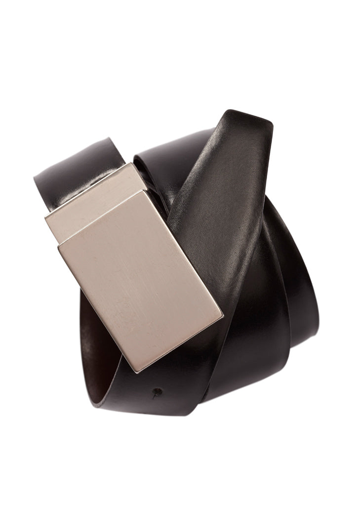 Mens Corporate Belt in black, size 127, featuring a reversible design, detachable buckle, and silver satin finish for versatility.