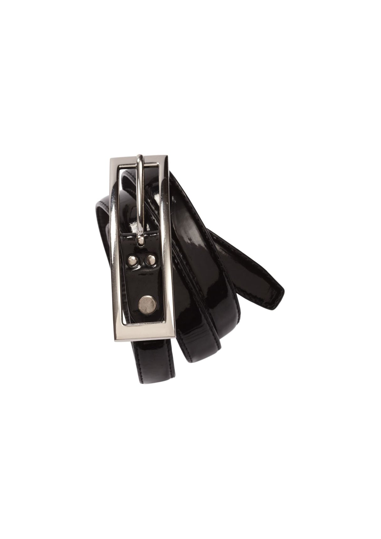Ladies semi-patent black belt in size 12, ideal for enhancing outfits with its contemporary design and sophisticated finish.