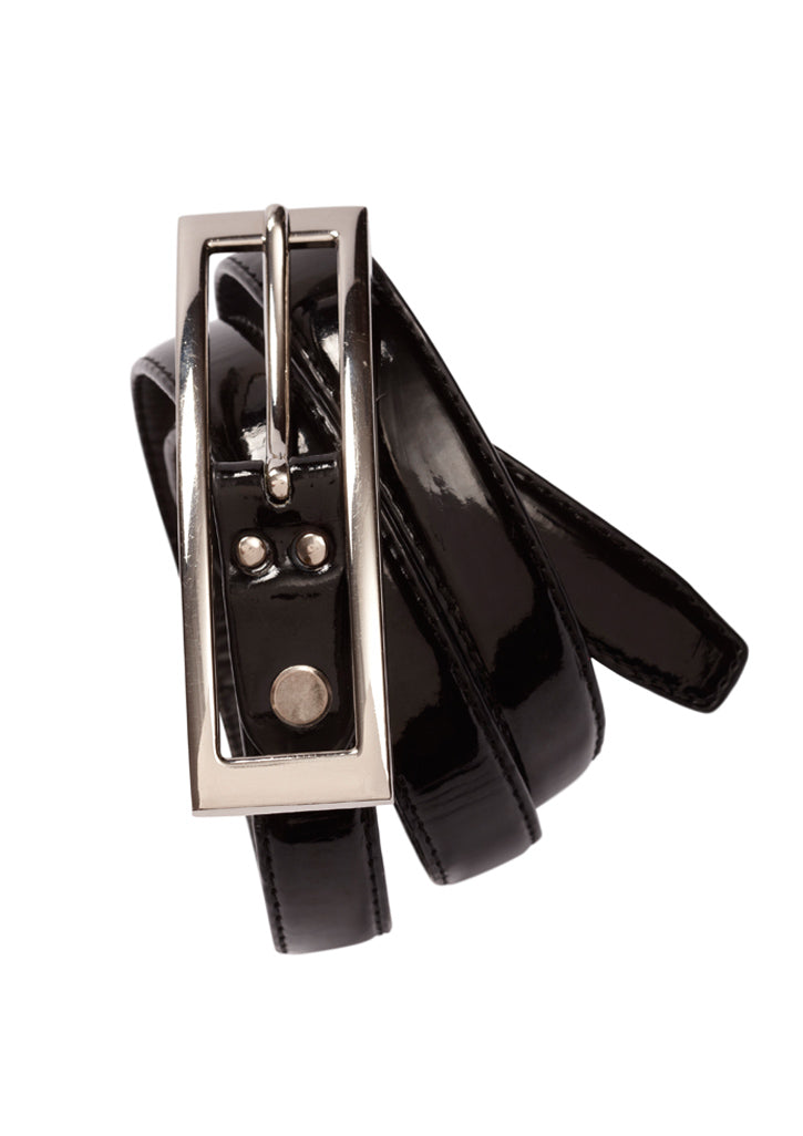 Ladies Semi-Patent Belt in black, size 28, showcasing a sleek design suitable for any outfit, adding style and elegance.