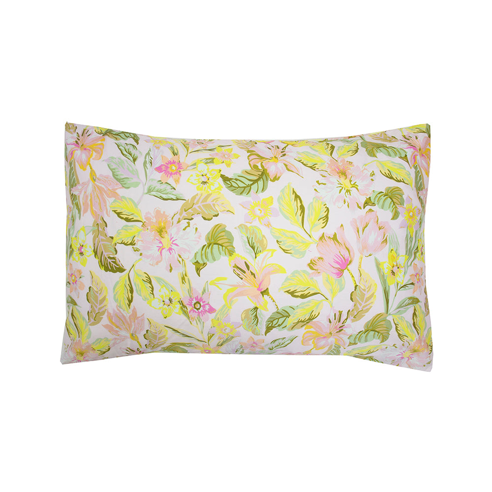 Vibrant tropical floral duvet cover set in pink and yellow, 100% cotton, reversible, includes 2 pillowcases.