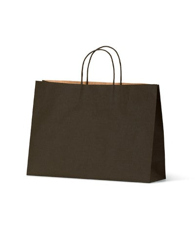 Black kraft paper bags with sturdy handles, 180mm x 250mm, eco-friendly, 500 per carton, perfect for retail and events.