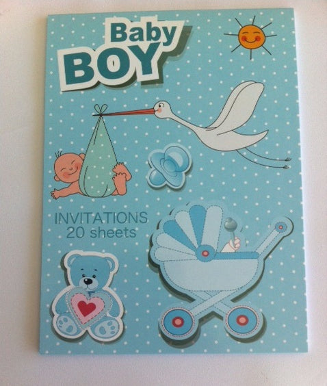 Baby shower invitations for a boy, 20 beautifully designed sheets, perfect for party details and easy mailing.