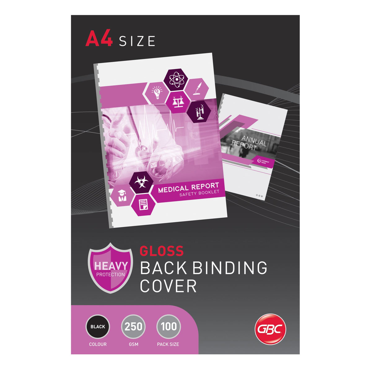 GBC A4 Gloss Black Binding Covers pack of 100, ideal for professional document presentation and protection.