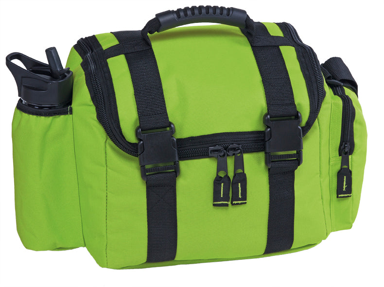 Lime green cooler bag with insulated pockets, heavy-duty zippers, and adjustable strap for easy transport.