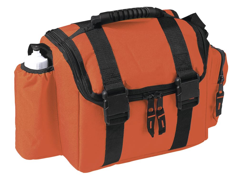 Orange cooler bag with insulated pockets, oversized zippers, adjustable strap, and a 15-litre capacity for easy transport.