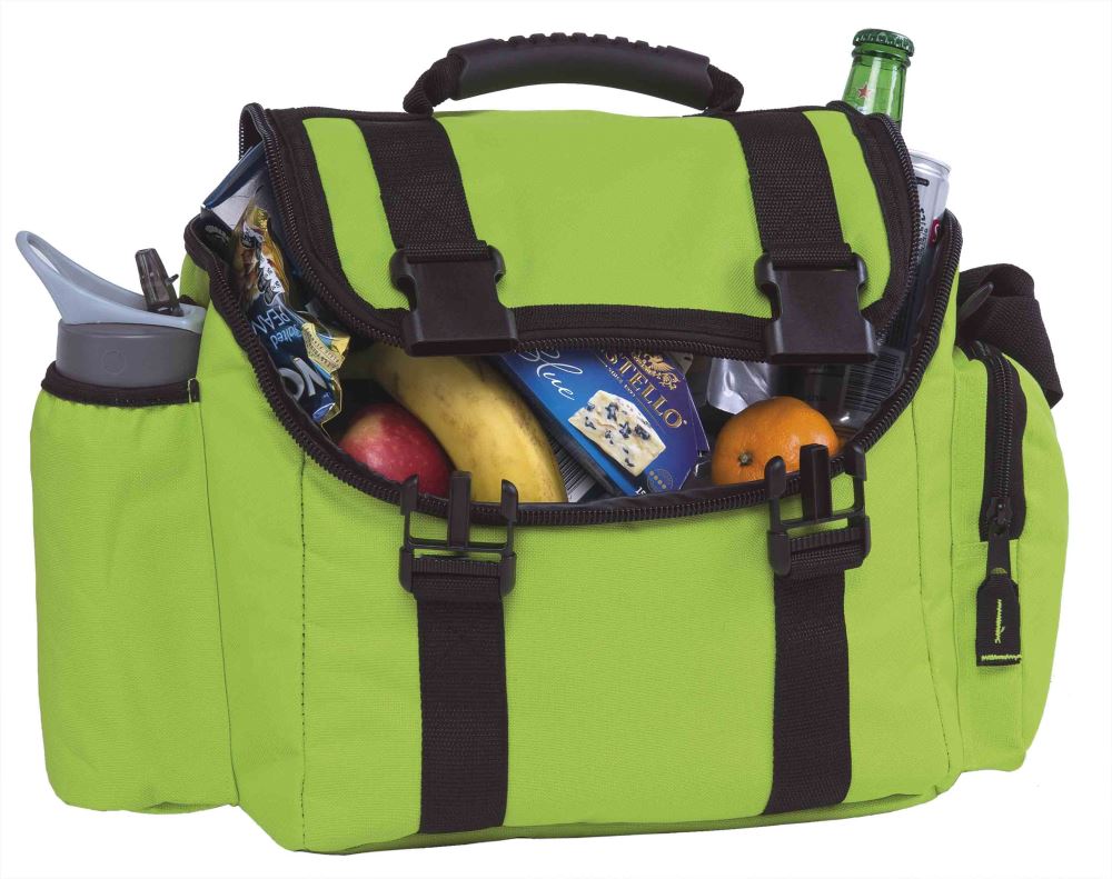 Lime green cooler bag with insulated pockets, oversized zippers, and adjustable strap for 15-liter capacity.
