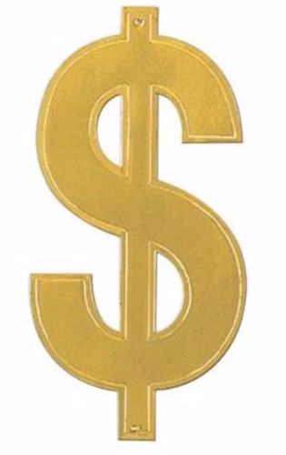 Gold Dollar $ Sign Foil Cutout, 40cm, double-sided decoration for celebrations, perfect for money-themed parties and milestones.