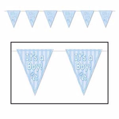 Vibrant 'It's A Boy' blue rattle banner, 3.65m long with 12 weather-resistant pennants for baby celebrations.