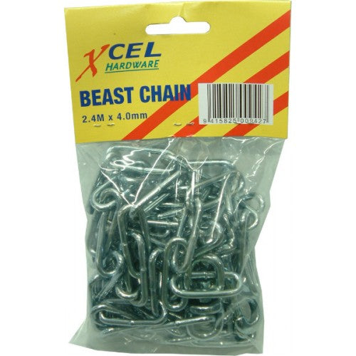 Beast Chain Galv. 8' x 8g with centre swivel; heavy-duty galvanized steel for secure goat and large dog tethering outdoors.