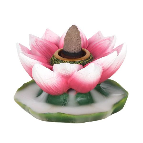 Colourful Lotus Backflow Burner with intricate bronze lotus design, creating a serene waterfall smoke effect. H:4.5 x W:7 x D:7cm.