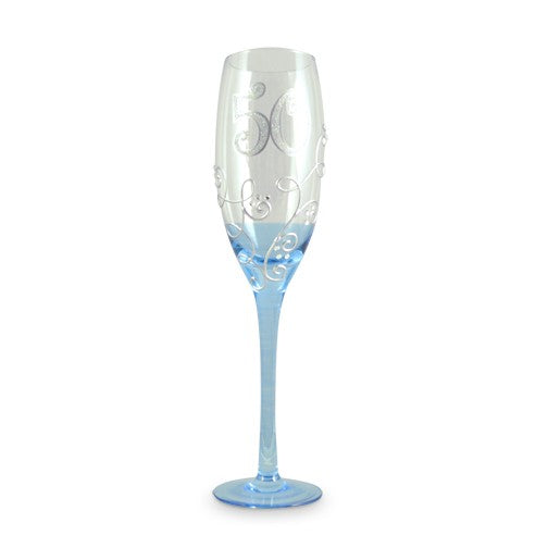 Elegant Vine Blue champagne glass for celebrating a 50th birthday, perfect for toasting and as a memorable keepsake.