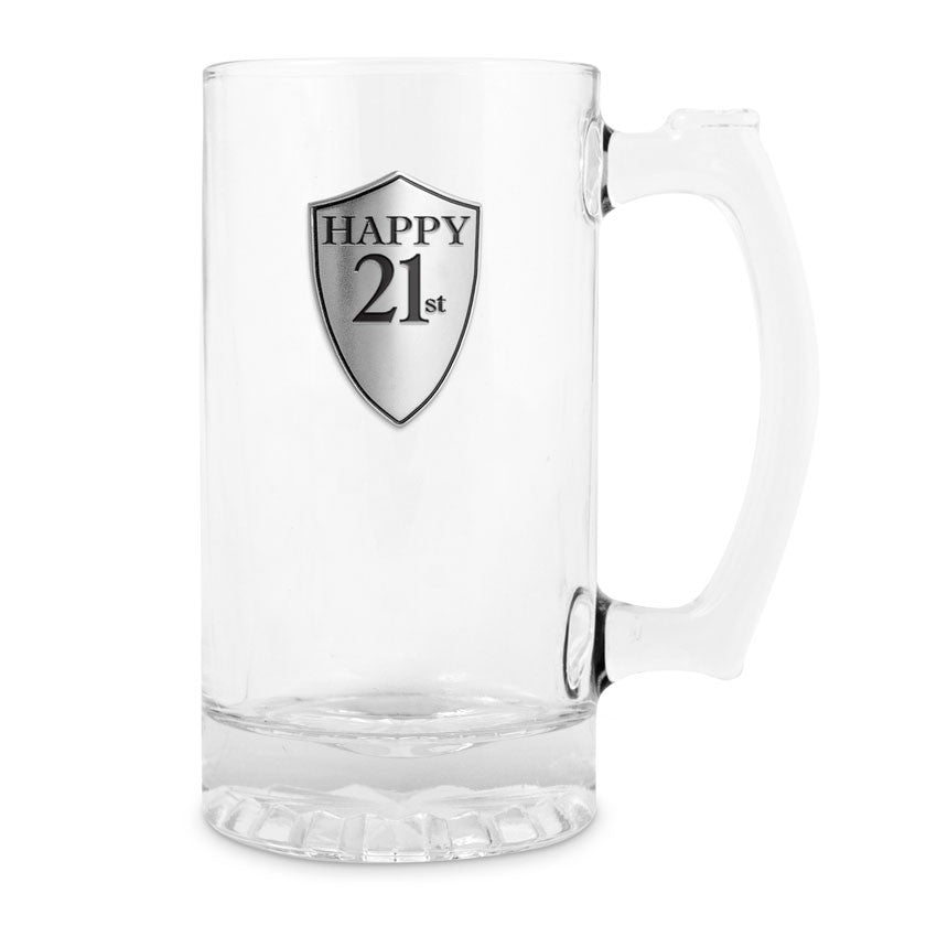 Beer mug for 21st birthday celebration with a pewter badge and elegant handle, perfect gift for milestone parties.