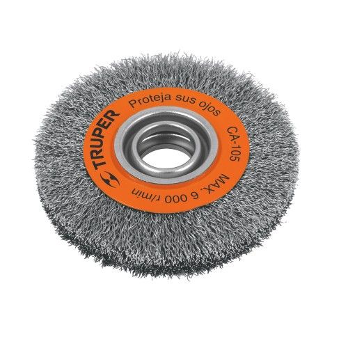 High-carbon crimped steel wire wheel for bench grinders, 6" diameter, for effective rust and paint removal.