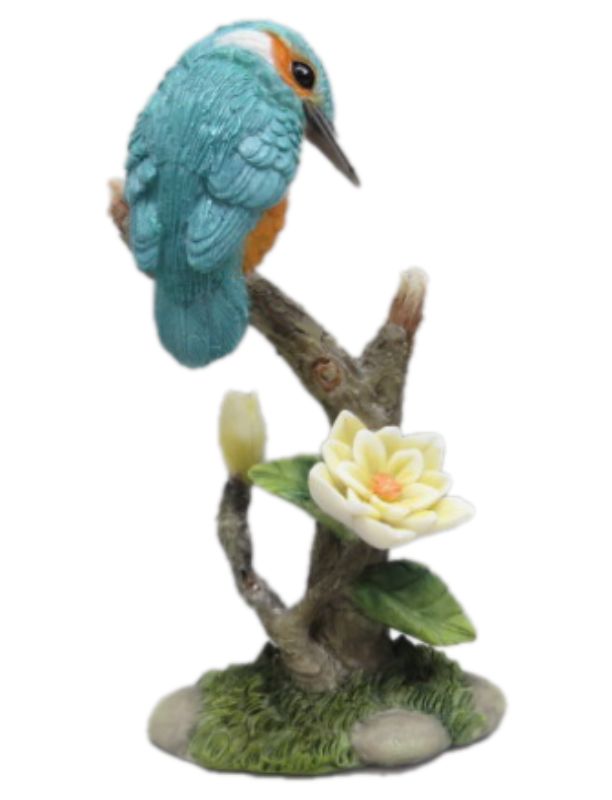 Colorful kingfisher ornament perched on a branch, crafted from polyresin, measuring 0.13m for decorative appeal.