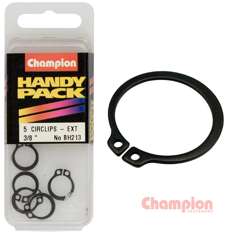 Champion Circlips for external shafts, 3/8-inch size, pack of 5, offering durability and secure component fastening.