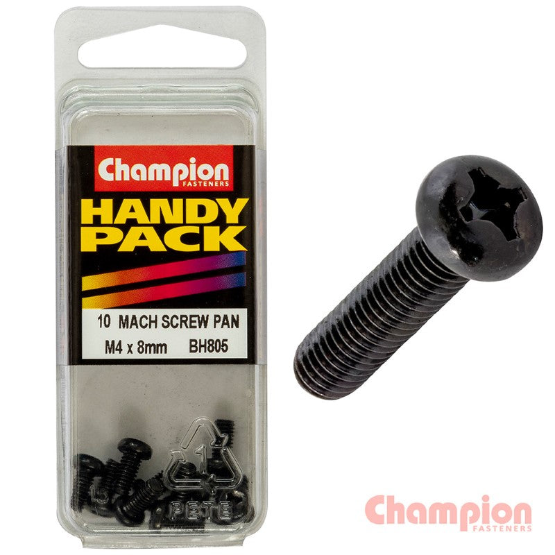 Champion Black Machine Screws - M4 x 8mm in a pack of 10 with pan head design, zinc plating, and corrosion resistance.