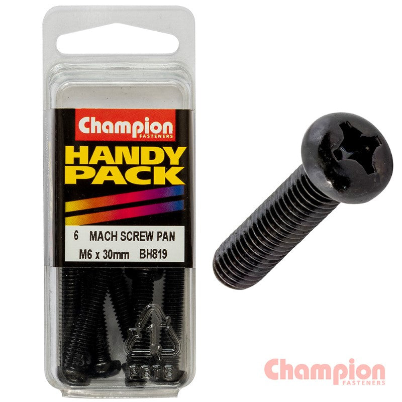 Durable Champion Black Machine Screws M6 x 30mm with zinc-plated steel, pan head, Phillips drive, pack of 6 for various projects.