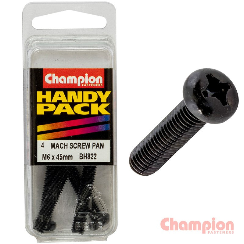Champion Black Machine Screws M6 x 45mm, zinc plated, pan head, ideal for various fastening needs, pack of 4.