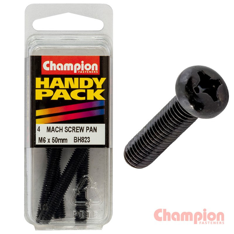 Black M6 x 50mm machine screws with pan heads and Phillips drive, ideal for various DIY and professional projects.